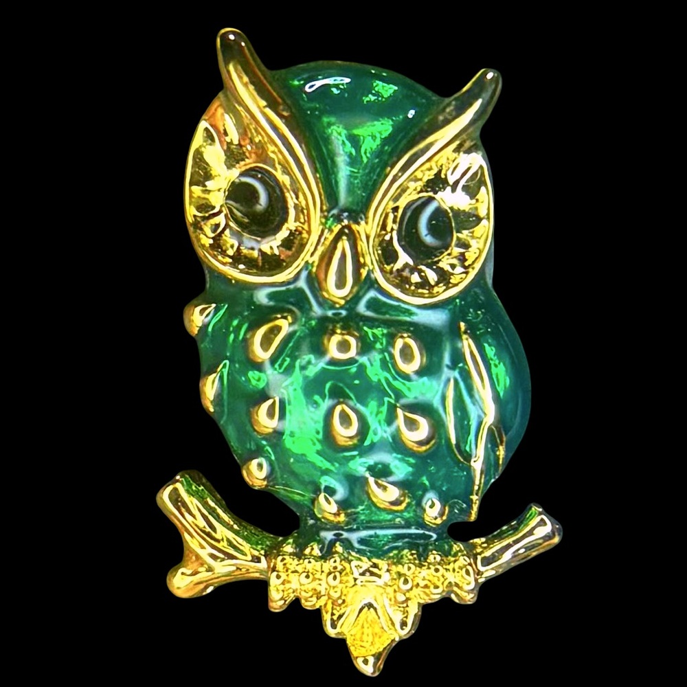 Green and Gold Owl Brooch Pin